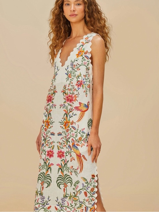 FARM Rio Dresses & Skirts - FARM Rio White Linen Maxi Dress with Bright Floral & Bird print with POCKETS L